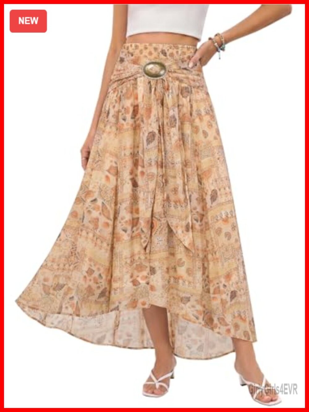 Flowy Boho Floral Maxi Skirt High Low Drawstring Waist Summer